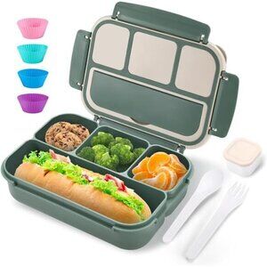 Adult, Kids Bento Lunch Box - 4 Compartments, Utensil Set, for School Dark Green